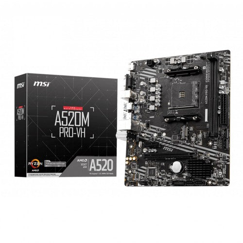 MSI A520M PRO-VH motherboard shown with its retail box. MSI A520M PRO-VH motherboard shown with its retail box.